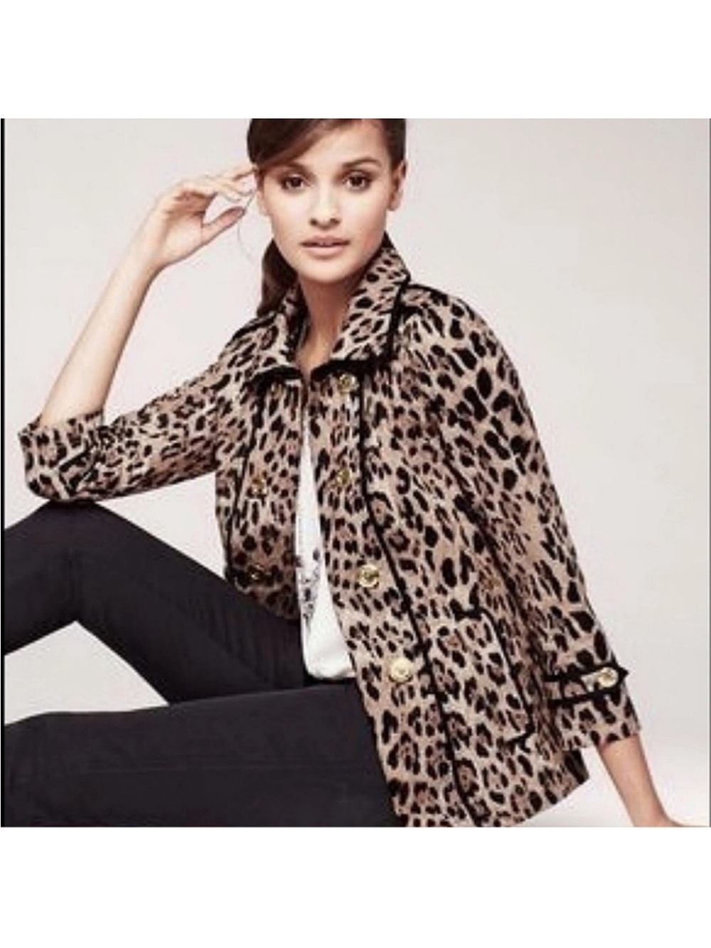 White House Black Market Leopard Swing Trench Coat Jacket Sz 6/M Brown Black